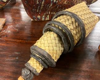 Traditional Southeast Asian woven nested set of 11 ritual or trade containers, early- mid 20th century , woven palm fiber with leather binding , value $600 OBO