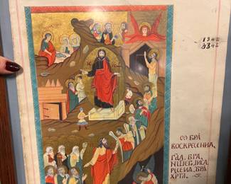 Hand-painted Eastern Orthodox Resurrection (Anastasis) workshop Exemplar on paper for commissioning an icon, Georgian /Church Slavonic 19th century (tempera with gold background on paper) present workshop accounting or pricing notes with Slavonic liturgical text low right corner. Value $1250 OBO