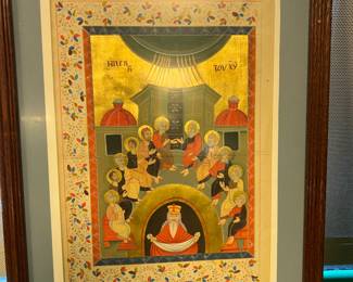 Hand painted Slavonic Orthodox manuscript leaf Pentecost depiction mid 19th century, paper; value $700 OBO