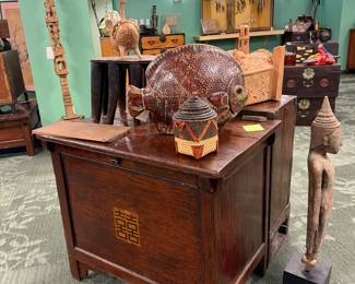 Antique Korean rice storage bin, also known as a dwiju. Traditionally used to store grains, it was a common and important piece of furniture that symbolized a household's wealth- decorative inlay on the front features the Chinese character for "double happiness" (囍).  $2,800/OBO
