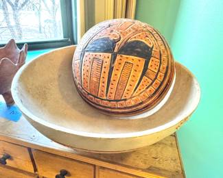 African (Mali, Burkina Faso, nothern Ghana) carved and handpainted gourd bowl (calabash) Mid 20th century , value $300 OBO 