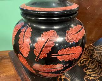 Japanese lacquered covered jar, mid 1900s, Black lacquer ground with red cinnabar leaf, value $150 OBO