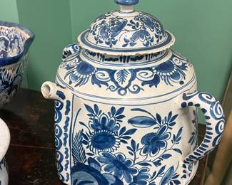 Handmade blue & white earthenware teapot, Mexican Talavera style pottery , mid 20th century, value $200 OBo