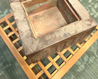Antique Hand-Carved Wooden Hibachi / Planter with Copper Liner, $850/OBO and Antique Asian Lattice Wood Coffee Table, $1,200/OBO
