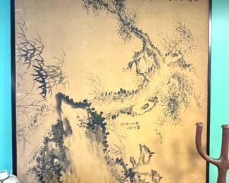 Antique Japanese Ink Painting on Panel – Pine Tree Landscape, $1,200/OBO