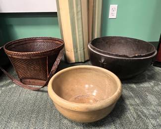 Handwoven Asian basket with strap value $200 OBO; Heavy Glazed earthenware Bowl likely Chinese / Korean early 20th century, value $400 OBO;       Antique large hand carved heavy hardwood one piece wood basin bowl, value $1800 OBO