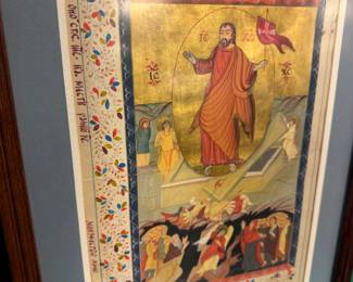 Hand painted Slavonic Orthodox manuscript leaf Ressurection / Anastasis  depiction mid 19th century, paper, value $600-1000 OBO