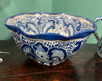 Vintage Handmade Blue & White tin-glazed earthenware Bowl, Mexican Talavera style, late 19th to early 20th century , signed, value $400 OBO