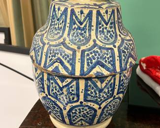 Antique North African (Moroccan) Blue & White Ceramic Earthenware Storage Jar with Lid, late 19th century, value $400 OBO
