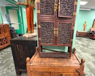 Chinese Carved Hardwood cabinet with Dragon relief panels 20th century, carved dense hardwood possibly Jichimu rosewood . Lower drawer came apart, value $500 OBO