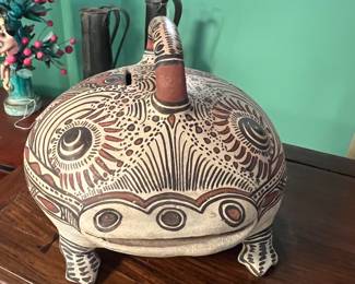 Hand made hand-painted folk pottery, Mexican, Frog effigy vessel, coin bank, mid 20th century, value $200 OBO