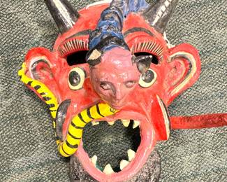Hand-Carved Folk Art Devil Mask with Horns (Painted Wood), $595/OBO