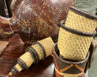 Traditional Southeast Asian woven nested set of 11 ritual or trade containers, early- mid 20th century , woven palm fiber with leather binding , value $600 OBO