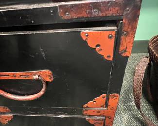 Antique Japanese Tansu Chest, Black lacquered exterior (urushi-style finish) heavy iron hardware (1850-1900) value $3000 OBO; Upper Asian wooden chest value $1400 OBO