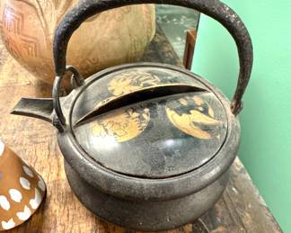 Antique Japanese Cast Iron Tea Kettle (Tetsubin) with Painted Lid, $425/OBO