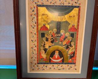 Hand painted Slavonic Orthodox manuscript leaf Pentecost depiction mid 19th century, paper; value $400-700 OBO