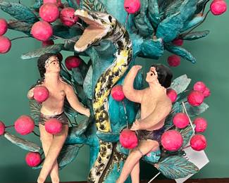 Vintage Latin American Folk Art Hand-painted Plaster sculpture composition 'Adam & Eve and serpent on a Tree' , mid 20th century, value $450 OBO