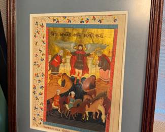 Hand painted Slavonic Orthodox manuscript leaf The Miracle of the Achangel Michael at Chonae ( Colossae) depiction mid 19th century, paper; value $400-600 OBO
