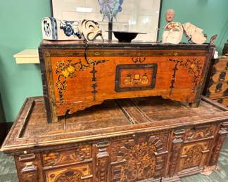 Chinese Export Lacquered Chest with Painted Panels — $2,500 / OBO and European Carved Oak Chest — $3,500 / OBO

