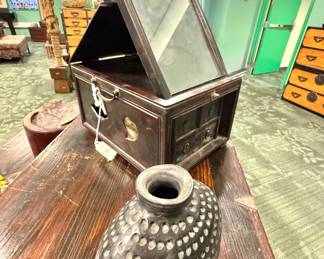 Antique Japanese Mirror Box with Drawers (Kagami-bako), $1,250/OBO and Handmade Black Pottery Vase with Textured Dot Pattern, $275/OBO