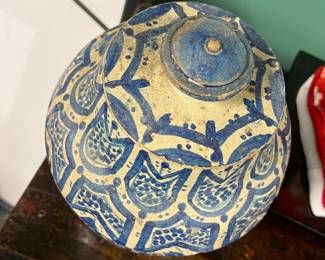 Antique North African (Moroccan) Blue & White Ceramic Earthenware Storage Jar with Lid, late 19th century, value $400 OBO