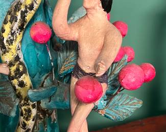 Vintage Latin American Folk Art Hand-painted Plaster sculpture composition 'Adam & Eve and serpent on a Tree' , mid 20th century, value $450 OBO