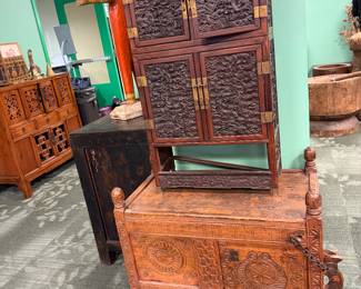 TOP* Hand-carved Asian hardwood cabinet, mid-20th century (c. 1940s–1960s) $450 OBO. BOTTOM*  Carved Asian hardwood stand or low chest $1,000/OBO