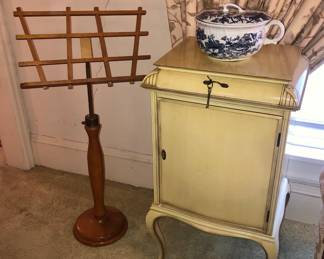 Vintage music stand, transferware chamber pot, music cabinet with adjustable shelves inside (36”H, 19.5”W, 16”D) 