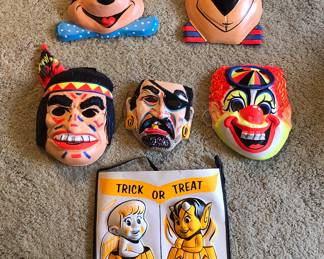 Vintage Halloween masks + treat bag