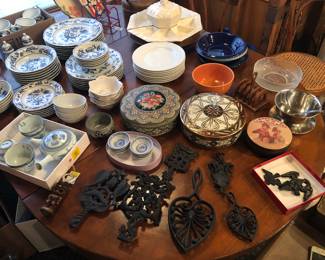 Asian tea set, vintage tins, more trivets, white ceramic lazy susan set (server)