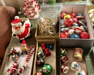 Vintage Xmas ornaments, Inarco Santa planter, pink ceramic Xmas tree (lights up!), glass bead garlands 