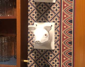 Ceramic wall animals (towel holder), cast iron match safe 