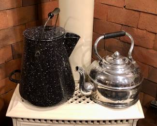 Vollrath U.S. Navy WW2-era granite ware  coffee pot, big chrome kettle