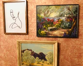 Art: Female face print, 2003 painting with roses by Sharon Maia Wilson (14” x 18”), 1960 landscape painting on board by Myrtle Dunn (15” x 19”)