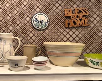 Pottery pitcher, assorted bowls, pottery clock 