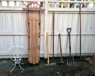 Metal patio side table (no glass), Champion F-66 sled, yard tools 