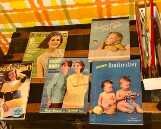 Vintage knitting magazines, lots of knitting needles 