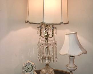 Fancy lamp with hanging crystals (39” tall overall), potpourri jars, ceramic clock 