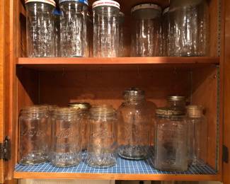 Vintage jars including Kerr wide mouth Mason jars, Reliance coffee jar
