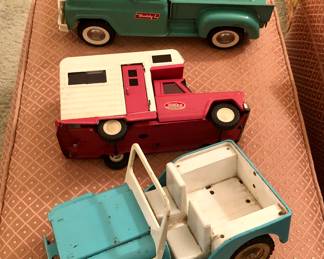 Vintage Buddy L pickup truck, pink Tonka camper truck, Tonka Jeep