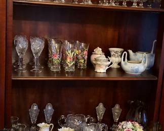 China cabinet contents: cut crystal glasses,  R.S. Prussia jam pot, crystal S & P sets,  Belleek creamer & sugar (green mark)