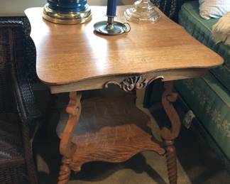 Antique tiger oak parlor table with barley twist legs (24" square, 29” tall)