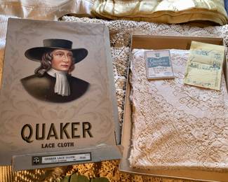 Vintage Quaker lace tablecloth 72” x 90” - complete with original box, tag & receipt from Frederick & Nelson! 