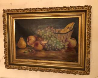 Old still life painting in deep gilt frame - oil on canvas, signed “Phoebe”, 16” x 21.5” framed