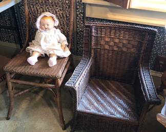 Wicker chair with vintage Horsman composition doll, vintage wicker child’s rocker 