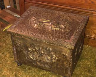 Brass chest with relief scenes (19”L, 15”D, 14”H)