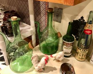 Green wine decanters, vintage liquor bottles (empty) 