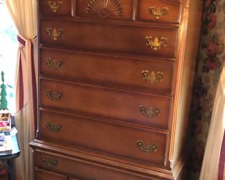 Early American style highboy dresser (35”W, 20”D, 74”H)