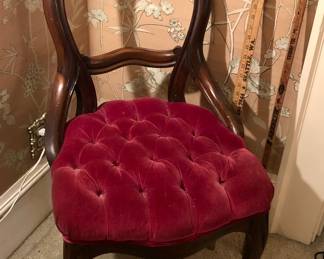 Balloon back chair with tufted velvet upholstery, vintage yardsticks