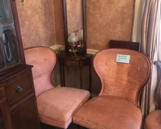 Pair of vintage pink dining chairs, demilune table with attached mirror, wall candle sconces (Syroco & brass)